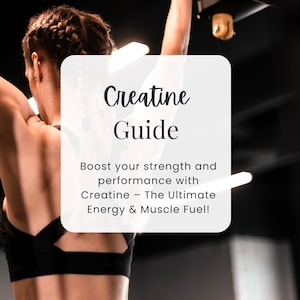 Może przedstawiać: Kobieta w czarnym sportowym staniku wykonuje ćwiczenie podciągania na drążku. Tekst na białym prostokącie brzmi "Creatine Guide Boost your strength and performance with Creatine - The Ultimate Energy & Muscle Fuel!" Tekst na dole brzmi "NUTRAVIE ACADEMY".