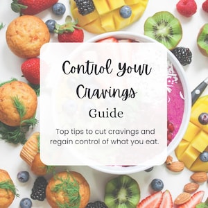 May include: A white background with a variety of fruits, including strawberries, blueberries, raspberries, kiwi, mango, and almonds. A bowl of pink smoothie is in the center of the image. The text "Control your Cravings Guide" is written in black on a white background.