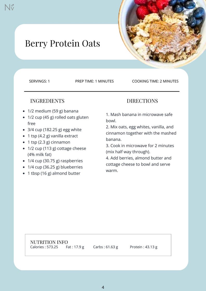 May include: A recipe card for Berry Protein Oats with a photo of the finished dish. The recipe includes ingredients like banana, rolled oats, egg whites, vanilla extract, cinnamon, cottage cheese, raspberries, blueberries, and almond butter. The nutrition information is listed as 573.25 calories, 17.9 grams of fat, 61.63 grams of carbs, and 43.13 grams of protein.