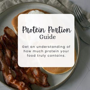 May include: A close-up of a plate with cooked bacon and a pancake. The text "Protein Portion Guide" is overlaid on the image. The text below reads "Get an understanding of how much protein your food truly contains." The text "NUTRAVIE ACADEMY" is at the bottom of the image.