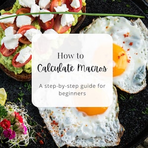 May include: A black plate with a step-by-step guide on how to calculate macros for beginners. The guide is titled "How to Calculate Macros" and is accompanied by images of avocado toast and fried eggs.