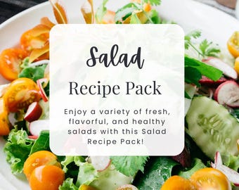 May include: A white plate with a colourful salad of fresh vegetables, including tomatoes, cucumbers, and radishes. The text "Salad Recipe Pack" is on a white rectangle with a floral design. The text "Enjoy a variety of fresh, flavorful, and healthy salads with this Salad Recipe Pack!" is below the title. The text "NUTRAVIE ACADEMY" is at the bottom of the image.
