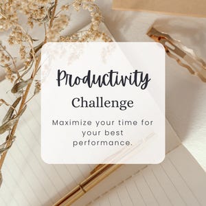 Op de afbeelding: Een productiviteitsuitdaging-afbeelding met de tekst "Productivity Challenge" en "Maximize your time for your best performance." De afbeelding is op een wit, gestreept notitieboekje met een gouden pen en gedroogde bloemen.