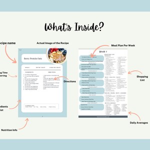 May include: A printable meal plan with a weekly meal plan, shopping list, and a recipe for Berry Protein Oats. The recipe includes ingredients, directions, and nutritional information.