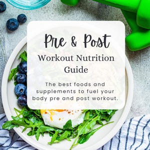 Puede incluir: Un plato blanco con ensalada verde, un huevo frito y arándanos. El plato está sobre una superficie rayada azul y blanca. El texto "Pre & Post Workout Nutrition Guide" está sobre un fondo blanco. El texto "The best foods and supplements to fuel your body pre and post workout." está debajo del título. El texto "NUTRAVIE ACADEMY" está en la parte inferior de la imagen.