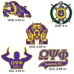 May include: Five embroidered patches in purple and gold. 008 is a bulldog, 3.45 inches. 009 is a crest with swords and wreath, 4 inches. 010 is a dog face with hands, 3.05 inches. 011 is a silhouette with arms raised, 3.45 inches. 012 is text, 3.95 inches.