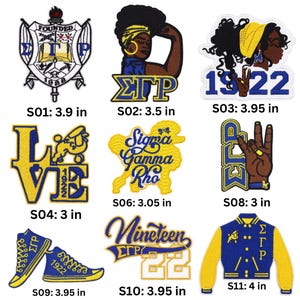 May include: Ten embroidered iron-on patches in various designs featuring the Greek letters Sigma Gamma Rho, the year 1922, and the words "Love", "Nineteen", and "Sigma Gamma Rho". The patches are yellow, blue, and black.