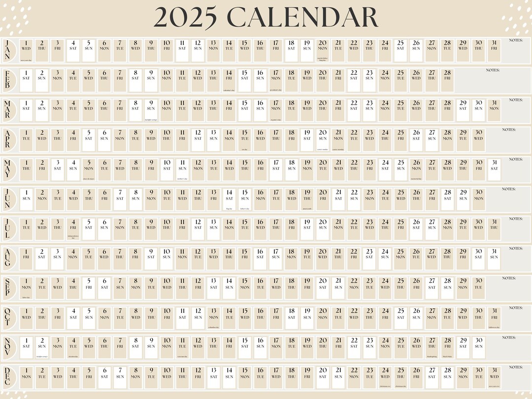 2025 Office Yearly Calendar (landscape, Work Planner, Neutral Colors ...