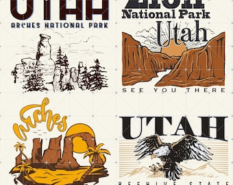 May include: Four different designs featuring the state of Utah. The first design features the text "UTAH" in large letters with the words "ARCHES NATIONAL PARK" below. The second design features the text "Zion National Park Utah" with a sunset scene of a canyon. The third design features the text "Arches" in a stylized font with a sunset scene of a rock formation. The fourth design features the text "UTAH" in large letters with the words "BEEHIVE STATE" below and an eagle flying over a mountain range.