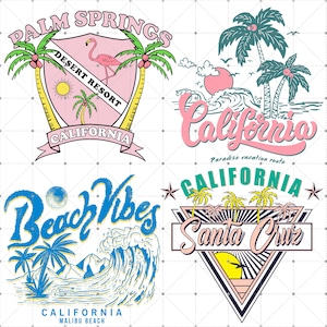 Può includere: Quattro design grafici colorati con palme, onde e il testo "California", "Palm Springs", "Desert Resort", "Beach Vibes", "Santa Cruz" e "Paradise vacation route".