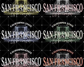 Puede incluir: Un diseño gráfico con el texto "San Francisco, California State" y una imagen estilizada del Puente Golden Gate. El texto "By the riverside" también está incluido en el diseño. El diseño se repite cuatro veces en diferentes colores: amarillo, rosa, azul y naranja.