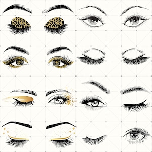 May include: A digital illustration of various eye makeup looks. The eyes are drawn with black eyeliner and lashes. Some eyes have gold glitter or leopard print designs.
