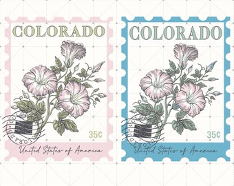 May include: Two vintage-style postage stamps with a floral design. The stamps are pink and blue with the text "COLORADO" and "United States of America" on them. Each stamp features a 35c price tag.