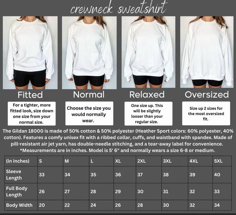 Puede incluir: Sudadera blanca de cuello redondo con gu&iacute;a de tallas. La imagen muestra cuatro modelos que usan la sudadera en diferentes estilos: ajustada, normal, relajada y extragrande. La tabla de tallas proporciona medidas en pulgadas.