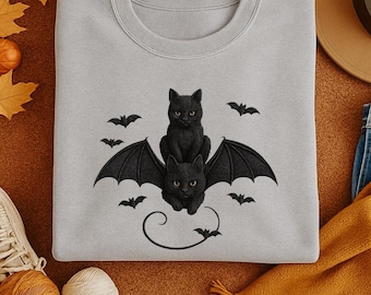 Black Cat Bat Embroidered Sweatshirt: Spooky Gothic Halloween Crewneck
