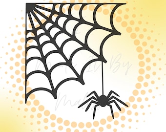 May include: Black spider web and spider silhouette. The spider web is in the upper left corner, with a spider hanging below. The background is a gradient of yellow and white with a dotted pattern.