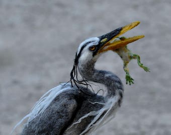 Needle Felted Blue heron with a frog