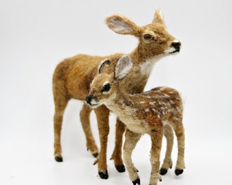 Mother-deer and a fawn, Needle Felted  Animals, Needle felted deer, Needle felted animal