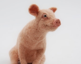 Needle Felted Animal. Felted PIG . Sitting pig sculpture. Made to order.