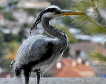 Needle Felted Bird. Felted bird. Needle felt bird. Grey heron.