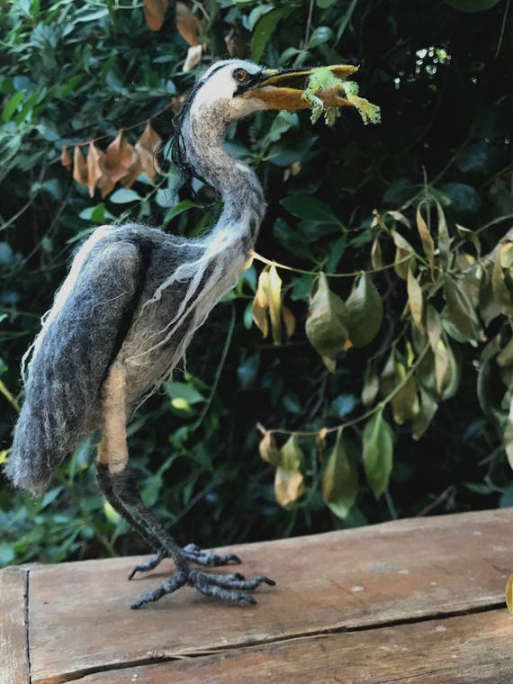 Needle Felted Blue Heron With a Frog - Etsy