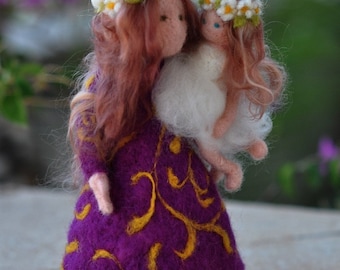 Needle felted Waldorf  Doll. Mother and child standing doll. Soft sculpture. Made to order.