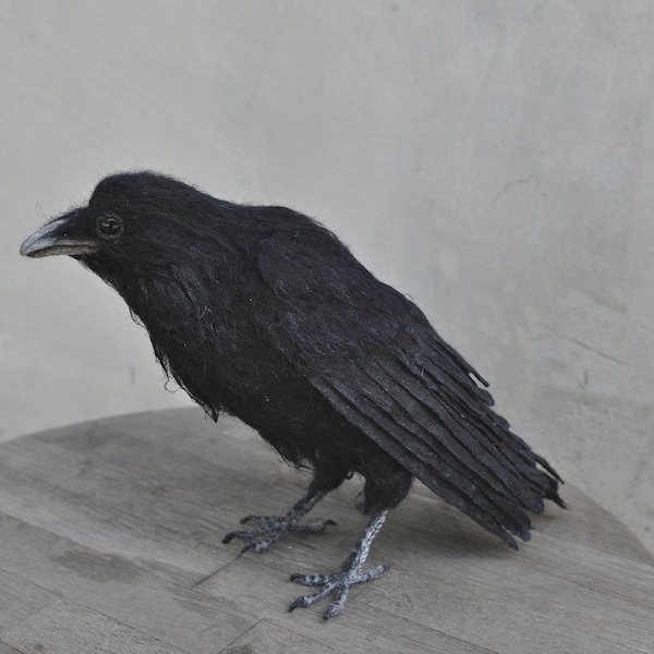 Needle Felted  bird. Black raven.