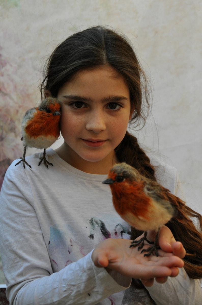 home decoration. Needle felted bird Redbreast Life size