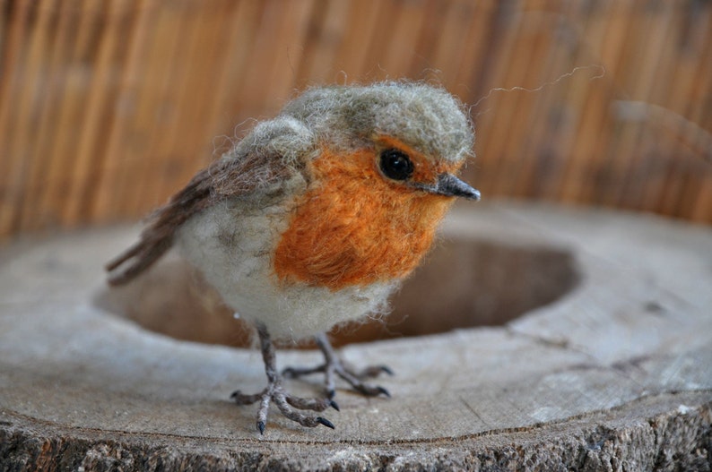 home decoration. Needle felted bird Redbreast Life size