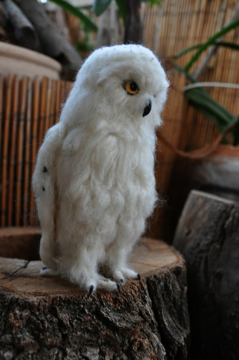 Needle Felted Bird. White felt Owl . Needle felted owl. image 3