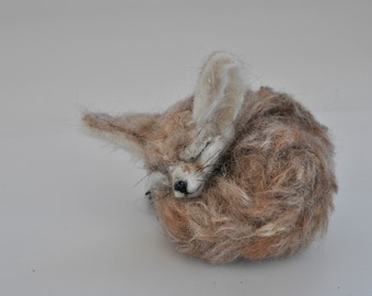 Needle Felted Animal, Needle felted sleeping Fennec Fox, Needle felted fox, needle felt animals,  Made to order