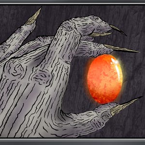 Puede incluir: Carta de arte de fantasía con la palabra "TREASURE" en la parte superior. Una mano nudosa y gris agarra una gema naranja brillante. El texto de la carta dice "Sacrifice this artifact: Add one Mana of any color." Firma y fecha del artista en la parte inferior.