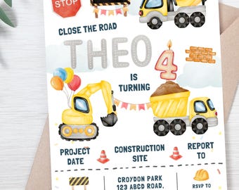 May include: Construction themed birthday party invitation with a yellow excavator, dump truck, and cement mixer. The invitation says "Close the road, Theo is turning 4." The party is on Saturday, June 1, 2024 at 12pm at Croydon Park, 123 ABCD Road, XXXX 2000.