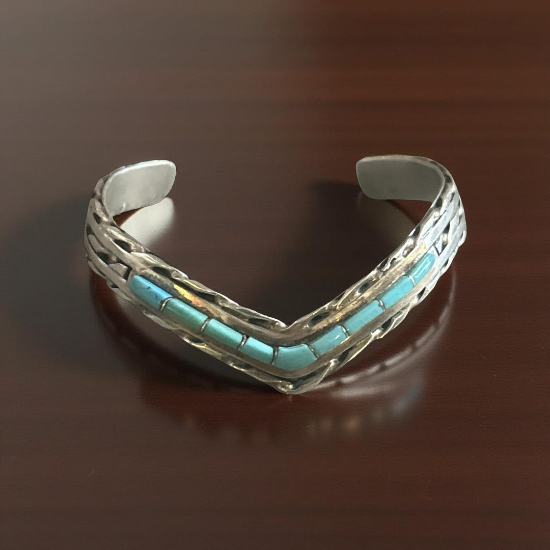 Zuni Turquoise Inlay Sterling Silver Cuff Bracelet, Old Pawn Handmade ...