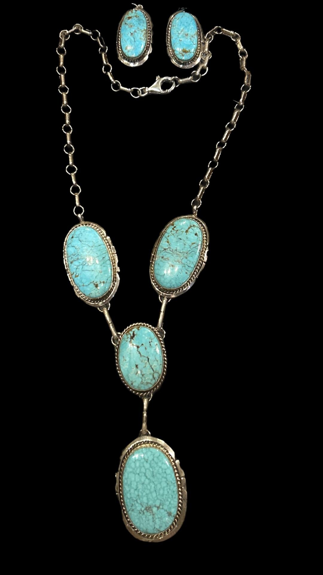 Native American Navajo Kingman Turquoise Necklace and  Handmade Natural Kingman Turquoise‎ Necklace Earrings Navajo Jewelry Set *** main image 0