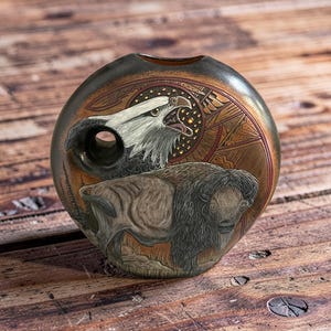 Native American Navajo Hand Etched And Hand Painted Eagle And Buffalo Pottery By Paul Lansing