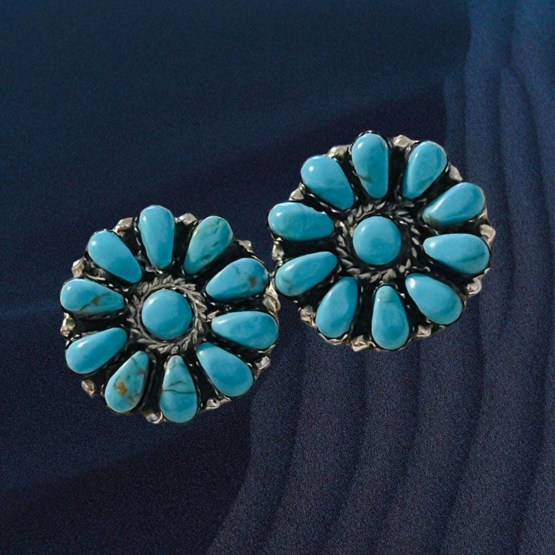 Native American Navajo Handsome Turquoise Cluster Post Earrings Set in Sterling Silver