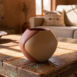 Puede incluir: Un jarrón de cerámica bicolor con forma esférica y diseño geométrico. El jarrón es de color terracota y beige, añadiendo un toque moderno. Se encuentra sobre una mesa de madera rústica. El jarrón tiene unos 25 cm de diámetro.