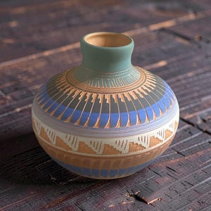 Native American Navajo Hand Etched And Hand Painted Pottery By Michael Charlie