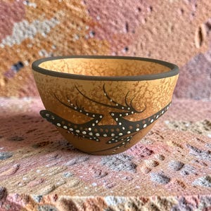 Puede incluir: Un cuenco de cerámica pequeño y redondo con un acabado mate moteado en tonos beige y naranja. El exterior presenta una ilustración de un lagarto marrón oscuro decorado con puntos blancos a lo largo del cuerpo y la cola. Tiene un borde marrón oscuro.