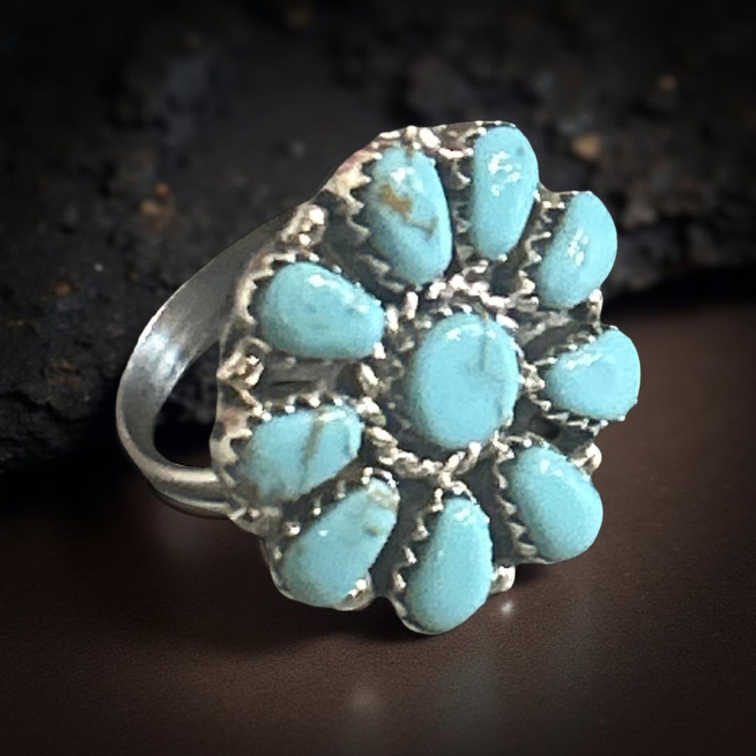 Native American Navajo Handmade Turquoise Cluster Ring Set in Sterling ...