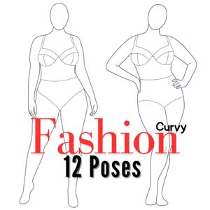 Peut inclure: Dessin au trait de deux poses de mannequins de mode curvy en lingerie. Le mot "Fashion" est en rouge, et "12 Poses" est en noir. Le mot "Curvy" est au-dessus de la figure de droite.