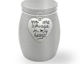Small Memorial Cremains Urn Keepsake Holder Always in My Heart Container Jar Vial Brushed Stainless Steel Cremation Funeral