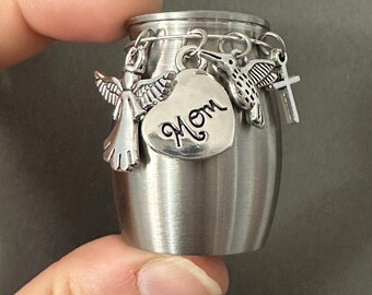 Miniature Cremation Ashes Holder Urn with Mom Guardian Angel Hummingbird and Cross Charms Heavyweight Stainless Steel