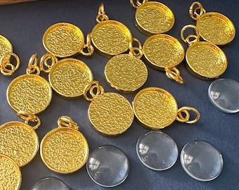 Bulk Mini Circle Photo Charms with Glass Domes 12mm Bright Gold