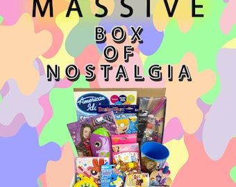 May include: A cardboard box filled with assorted toys, games, and personal care items featuring pop culture characters. The text MASSIVE BOX OF NOSTALGIA is displayed above the box against a colorful, abstract, pastel-toned background.