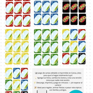 Può includere: Un insieme di carte Uno colorate con numeri da 1 a 9 in rosso, blu, verde e giallo. L'immagine include anche carte Uno nere e testo in spagnolo, insieme a una stampante e al logo Canva.