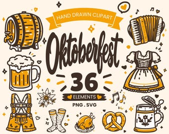 Oktoberfest Clipart SVG PNG Bundle, 36 Bavarian Beer Festival Doodles, Dirndl Graphics, Commercial Use