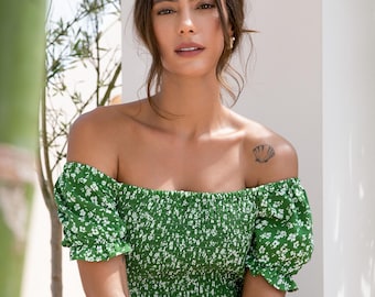 Olive Green 2 Piece Cotton Set | Puff Sleeve Crop & A-line Skirt | Boho Earthy Summer Outfit | Casual Vacation Matching Set