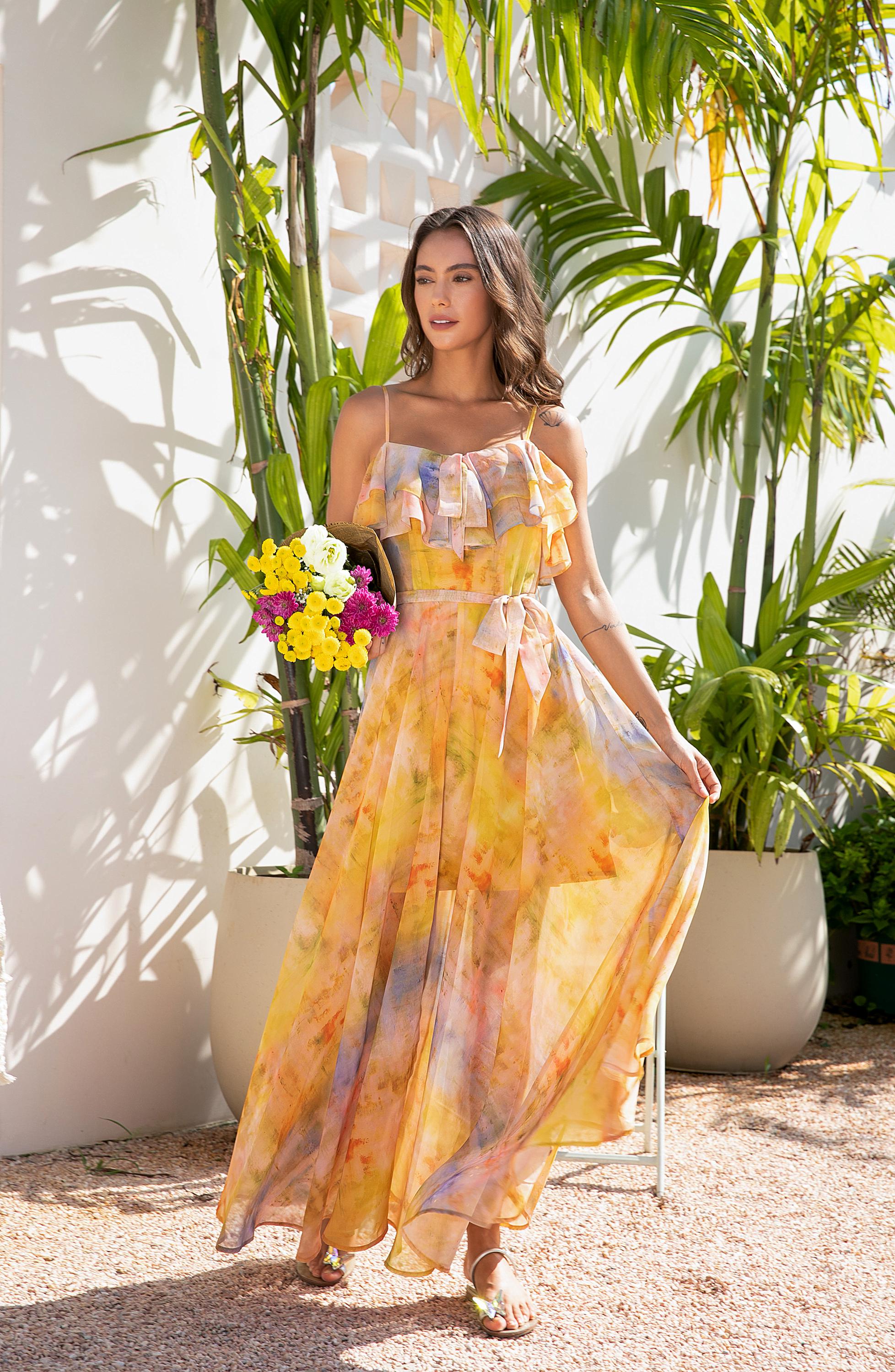 Boho Watercolor Ruffle Maxi Dress | Multicolor Layered Vacation Gown | Artistic Flowy Summer Dress | Bohemian Beach Party Look